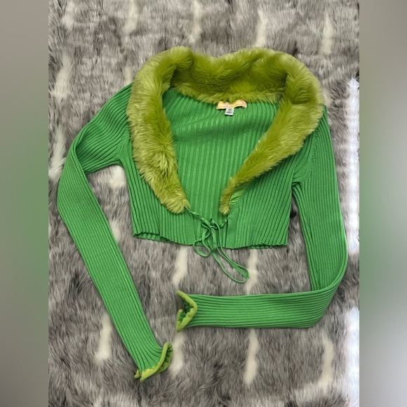 Urban Outfitters Lime Green Cardigan with Faux Fur Trim sz XS TP - Picture 4 of 10
